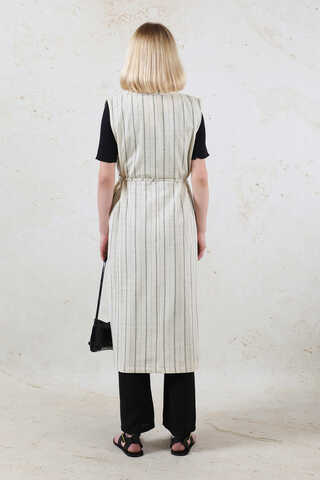 Çizgili Keten Yelek Siyah - 10