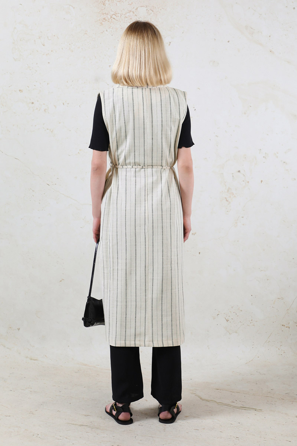 Çizgili Keten Yelek Siyah - 10