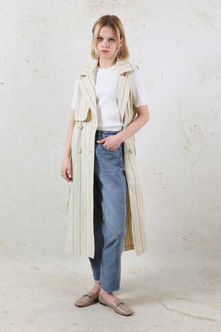 Çizgili Keten Yelek Vizon - 2