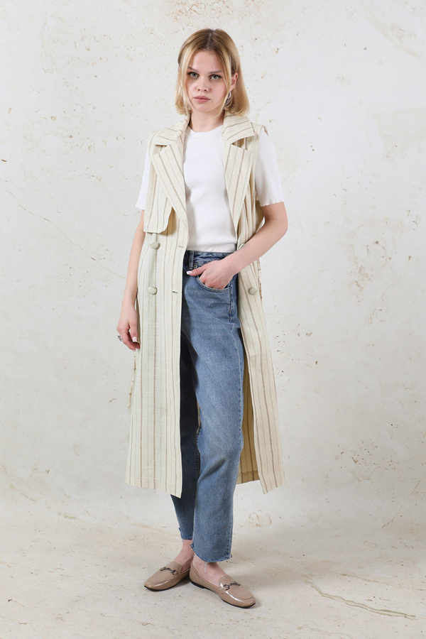 Çizgili Keten Yelek Vizon - 2