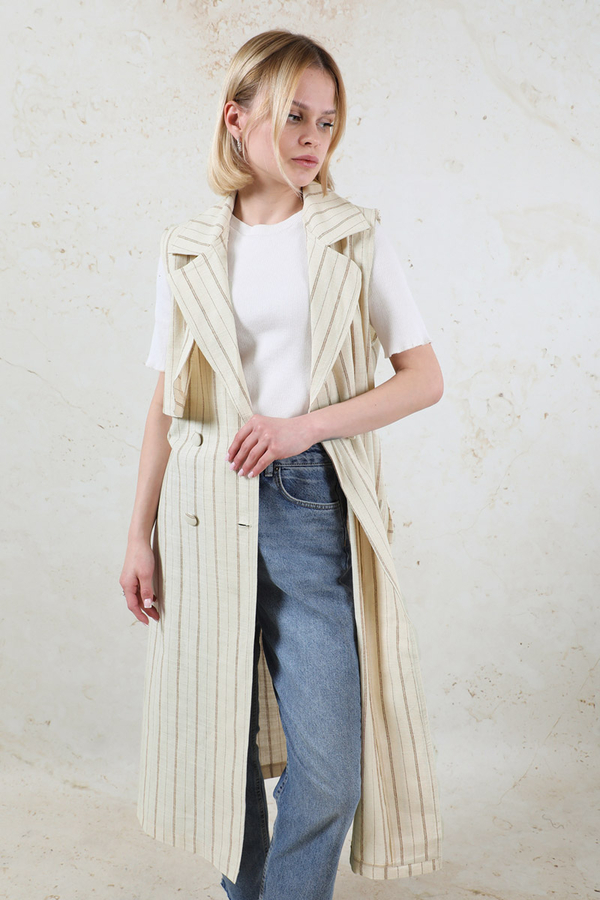 Çizgili Keten Yelek Vizon - 4