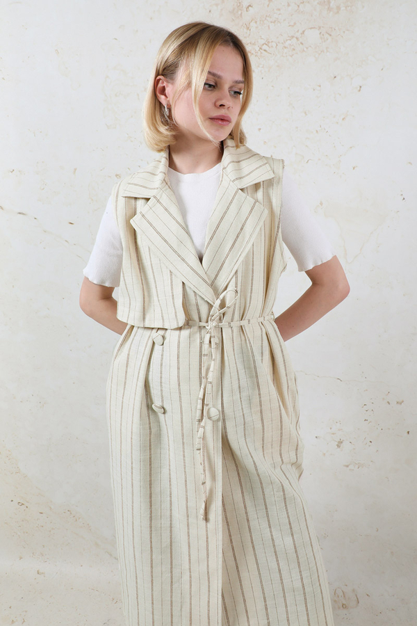 Çizgili Keten Yelek Vizon - 8