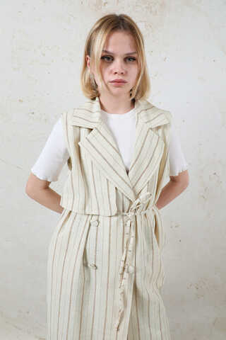 Çizgili Keten Yelek Vizon - 9