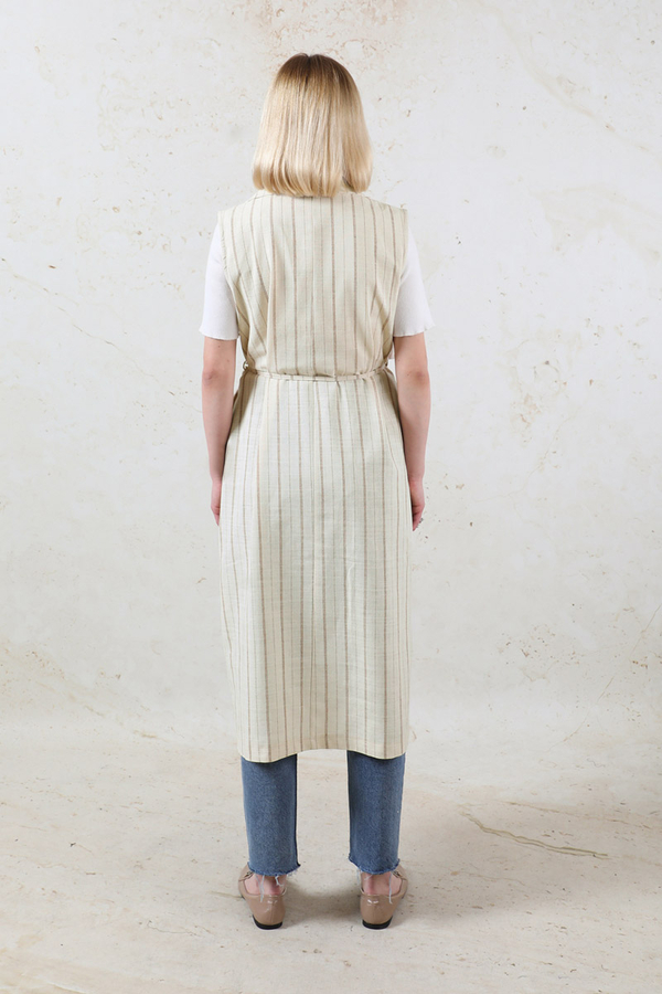 Çizgili Keten Yelek Vizon - 10