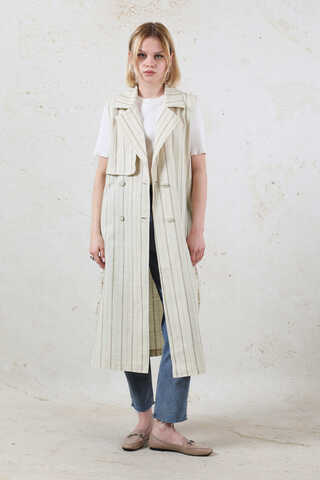 Çizgili Keten Yelek Vizon - 1