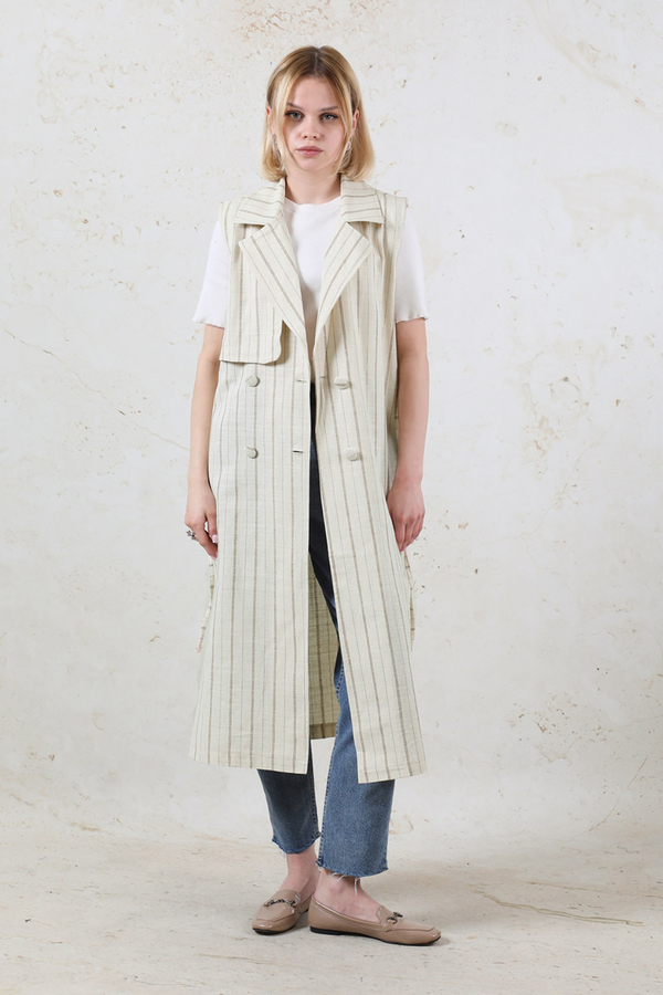 Çizgili Keten Yelek Vizon 