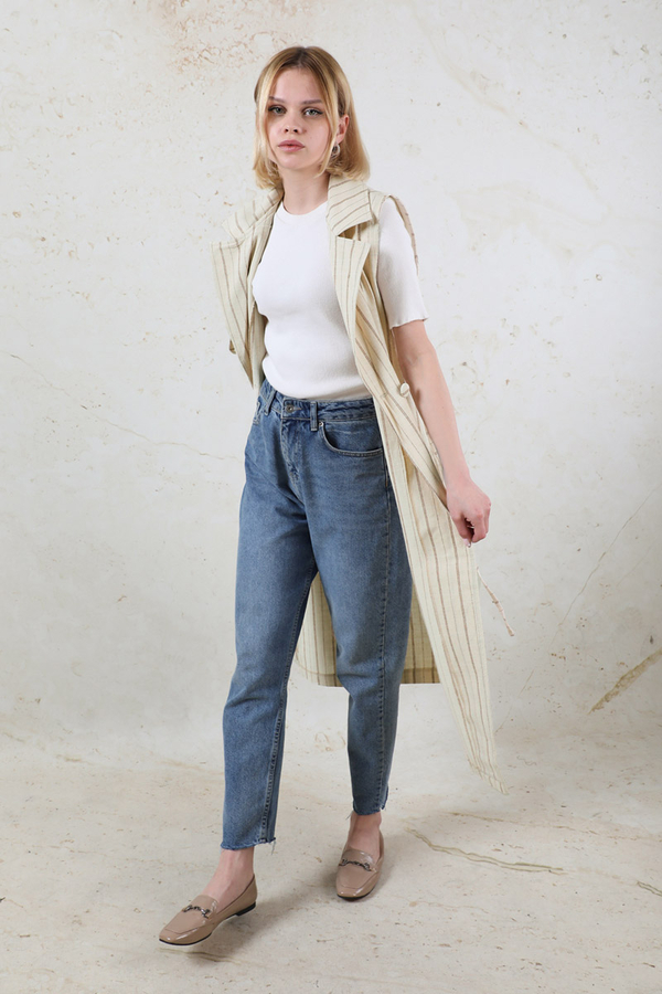 Çizgili Keten Yelek Vizon - 3