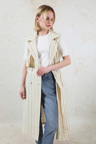 Çizgili Keten Yelek Vizon - 4