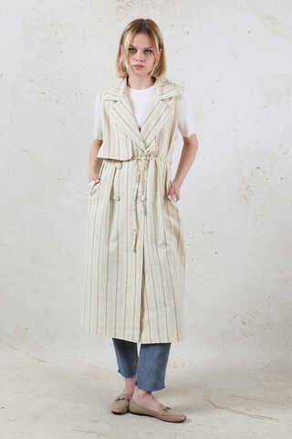 Çizgili Keten Yelek Vizon - 5