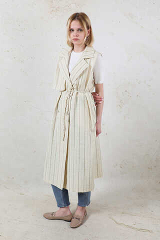 Çizgili Keten Yelek Vizon - 6