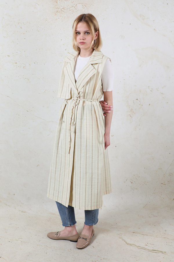 Çizgili Keten Yelek Vizon - 6