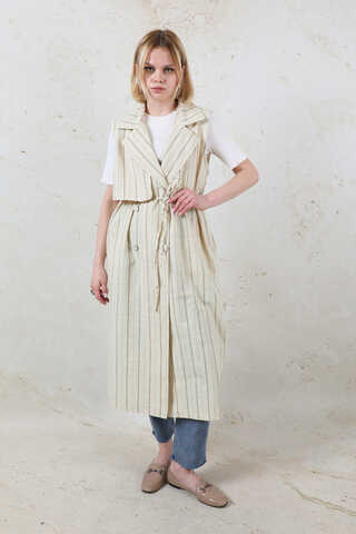 Çizgili Keten Yelek Vizon - 7