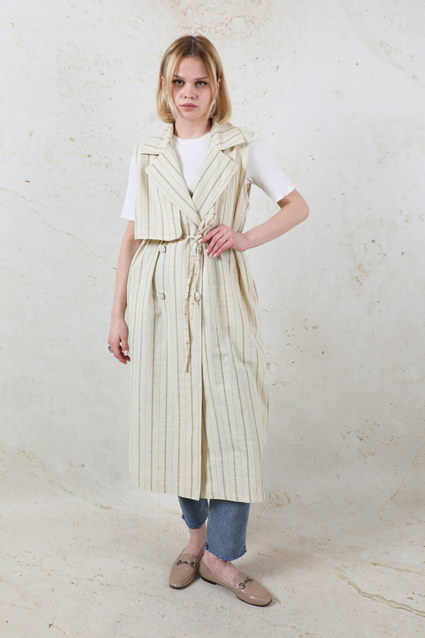 Çizgili Keten Yelek Vizon - 7