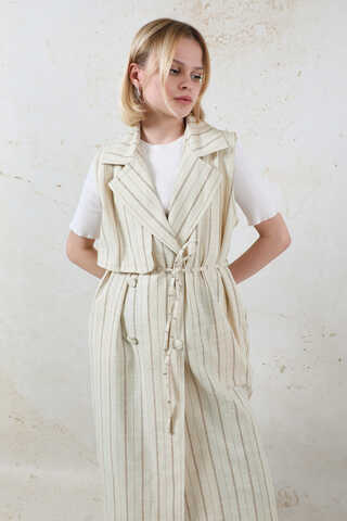 Çizgili Keten Yelek Vizon - 8