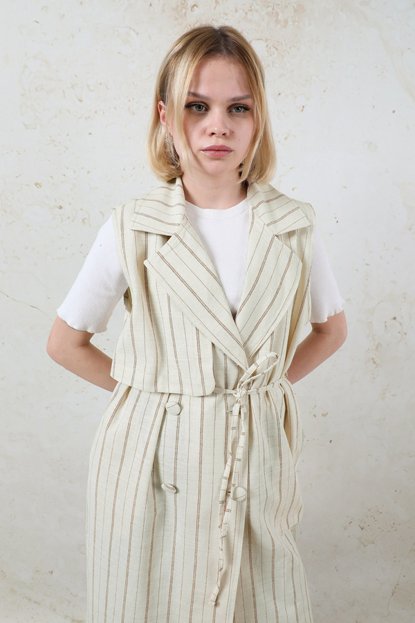 Çizgili Keten Yelek Vizon - 9