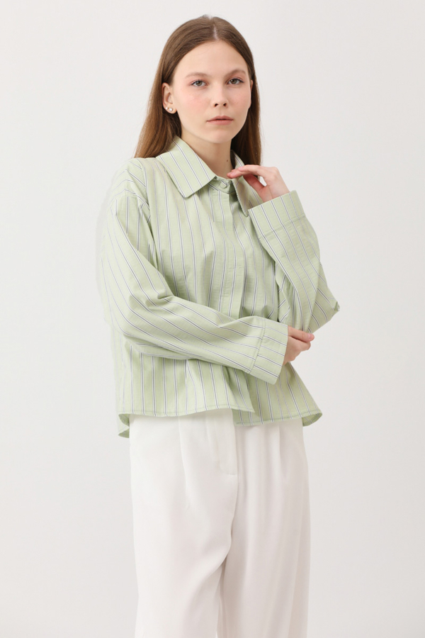 Çizgili Kısa Gömlek Açık Yeşil - 6