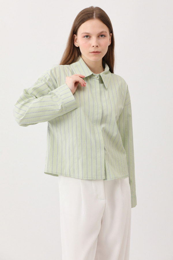 Çizgili Kısa Gömlek Açık Yeşil - 8