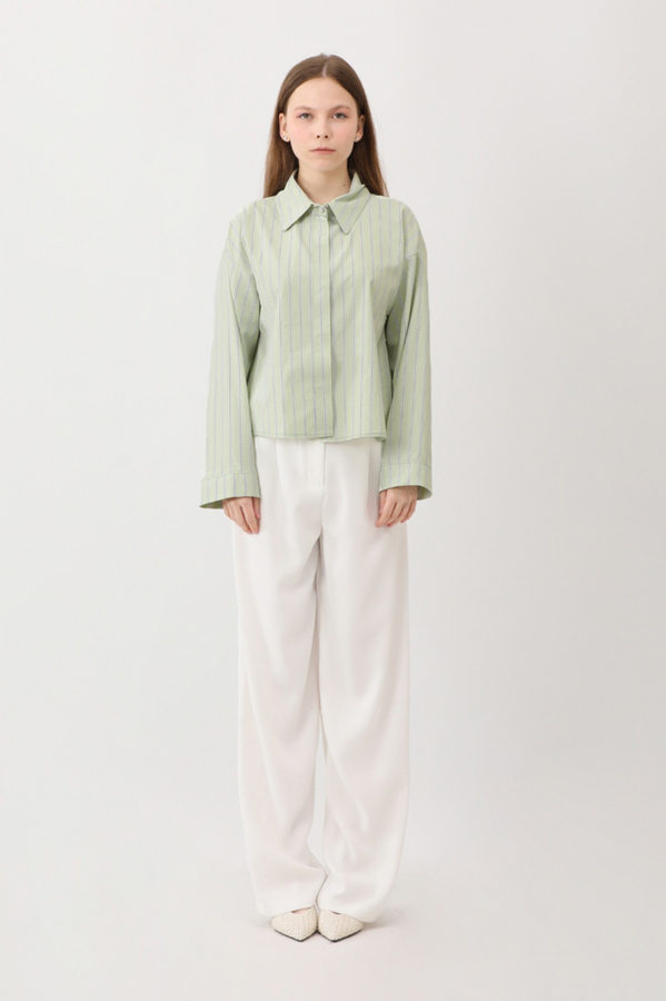 Çizgili Kısa Gömlek Açık Yeşil 