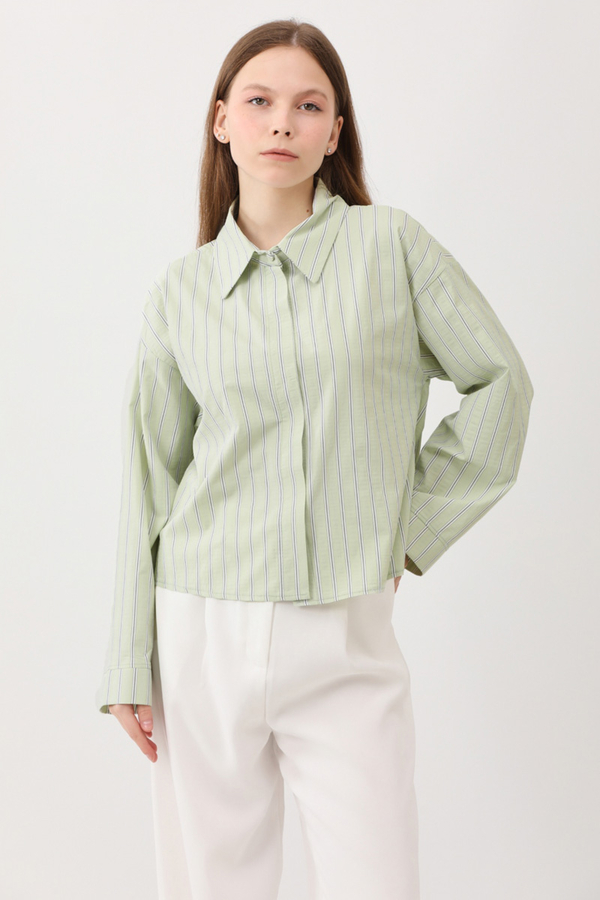 Çizgili Kısa Gömlek Açık Yeşil - 7