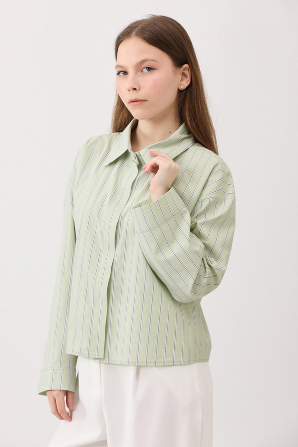 Çizgili Kısa Gömlek Açık Yeşil - 9