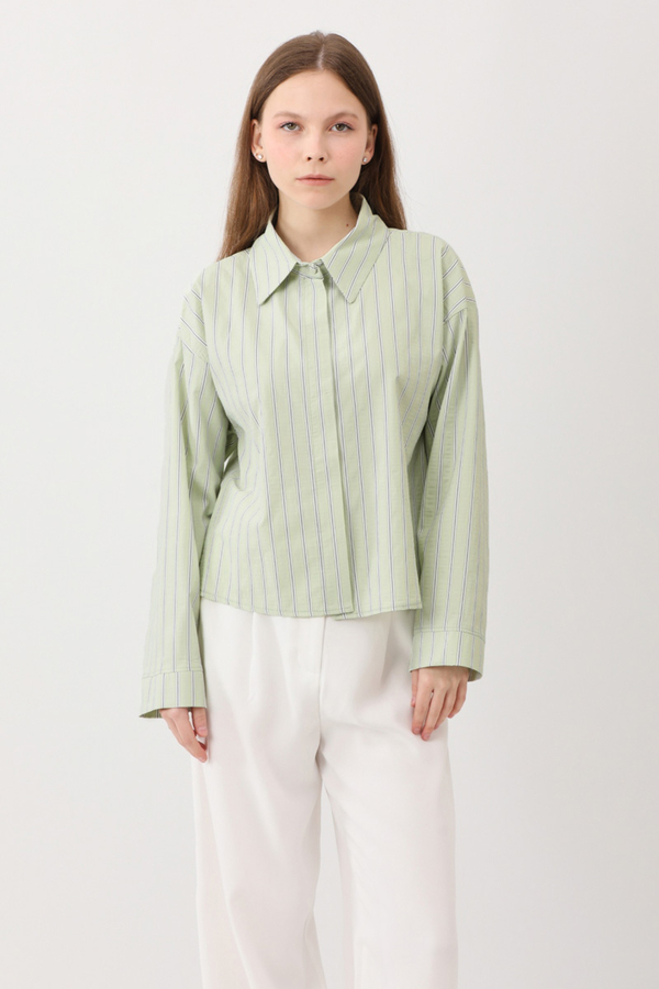 Çizgili Kısa Gömlek Açık Yeşil - 12