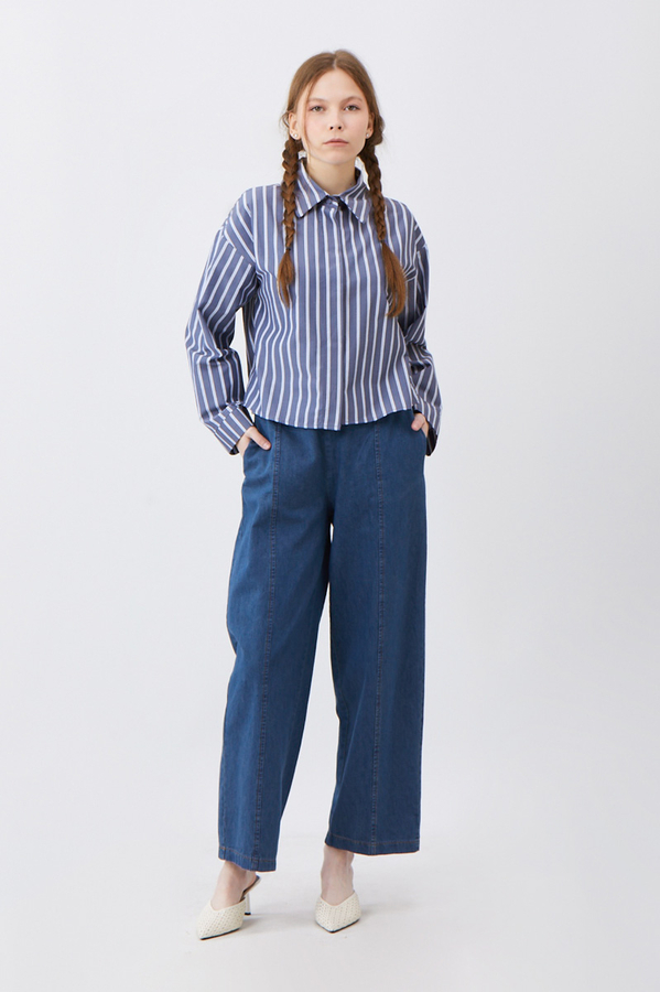 Çizgili Kısa Gömlek İndigo - 1