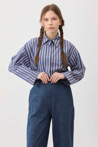 Çizgili Kısa Gömlek İndigo - 3