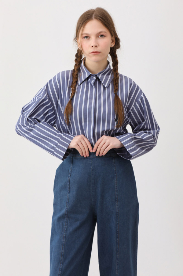 Çizgili Kısa Gömlek İndigo - 3
