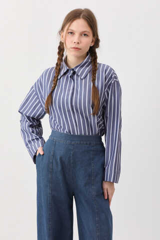 Çizgili Kısa Gömlek İndigo - 8