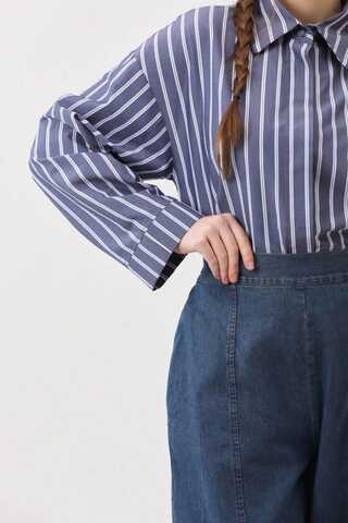 Çizgili Kısa Gömlek İndigo - 9