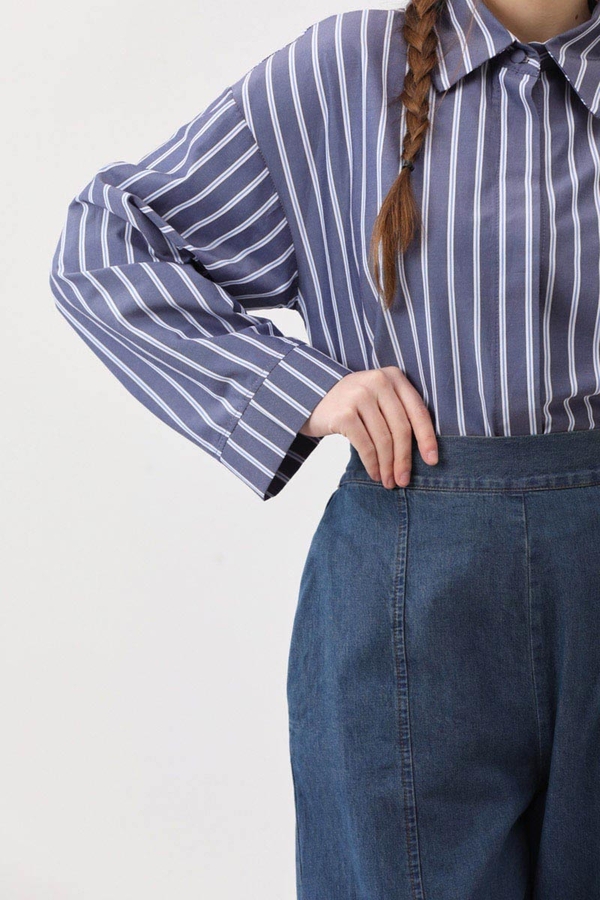 Çizgili Kısa Gömlek İndigo - 9