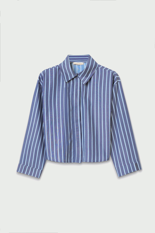 Çizgili Kısa Gömlek İndigo - 2