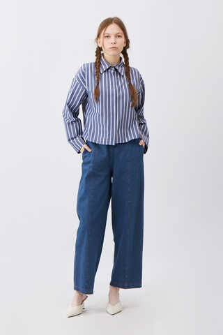 Çizgili Kısa Gömlek İndigo - 1