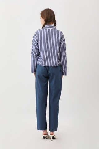 Çizgili Kısa Gömlek İndigo - 10