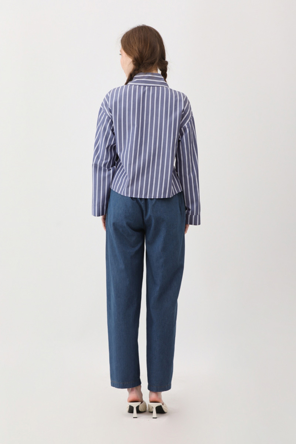 Çizgili Kısa Gömlek İndigo - 10