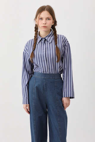 Çizgili Kısa Gömlek İndigo - 4