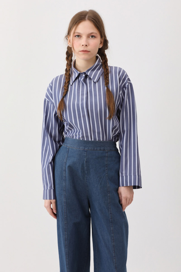 Çizgili Kısa Gömlek İndigo - 4