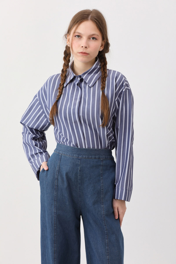 Çizgili Kısa Gömlek İndigo - 8