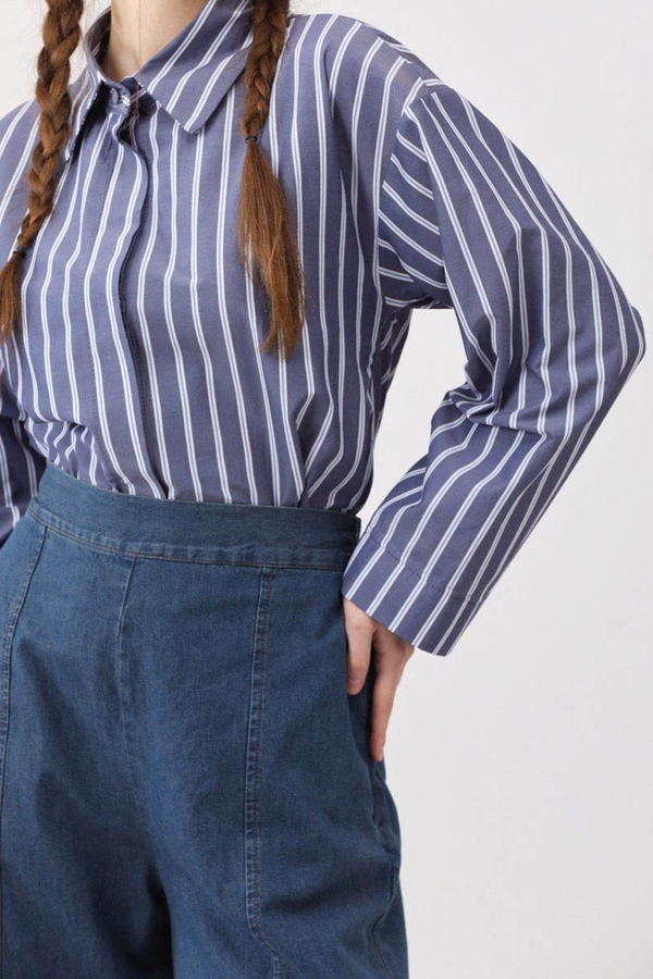 Çizgili Kısa Gömlek İndigo - 6