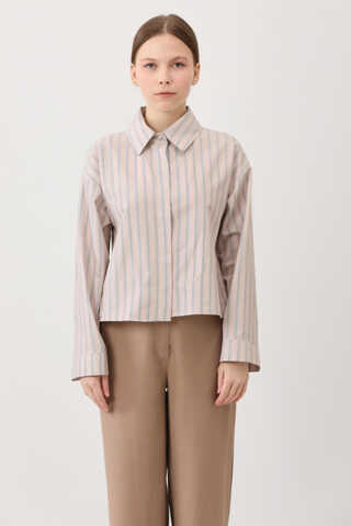 Çizgili Kısa Gömlek Pudra - 1