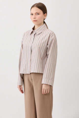 Çizgili Kısa Gömlek Pudra - 8