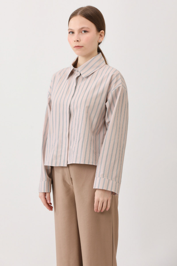 Çizgili Kısa Gömlek Pudra - 8