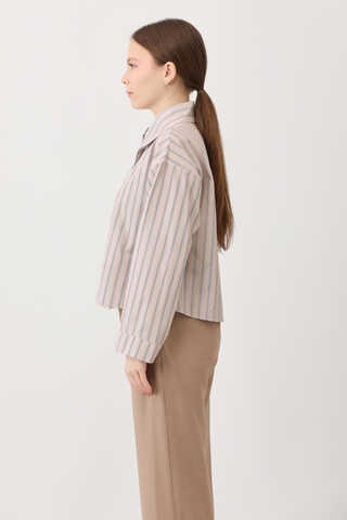 Çizgili Kısa Gömlek Pudra - 9