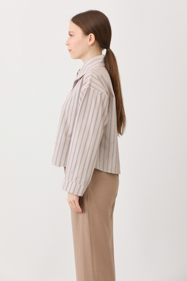 Çizgili Kısa Gömlek Pudra - 9