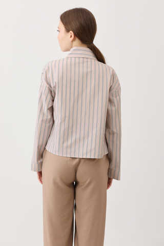 Çizgili Kısa Gömlek Pudra - 10