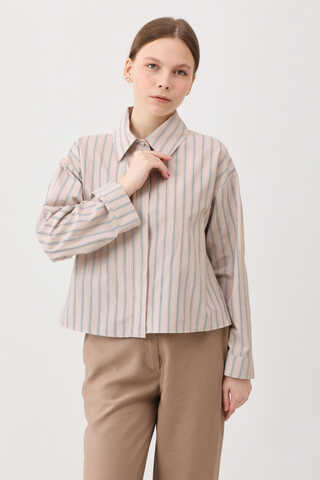 Çizgili Kısa Gömlek Pudra - 4