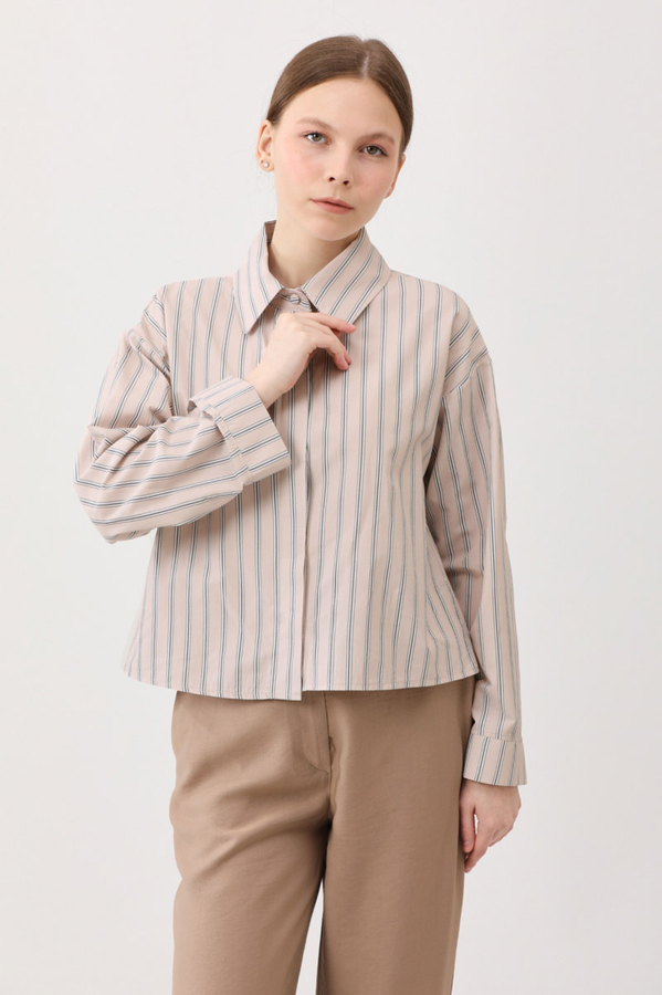 Çizgili Kısa Gömlek Pudra - 4