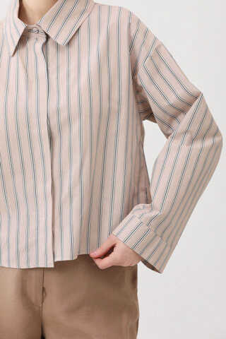 Çizgili Kısa Gömlek Pudra - 6