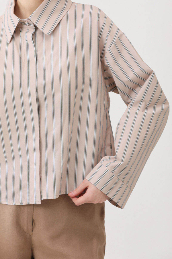 Çizgili Kısa Gömlek Pudra - 6