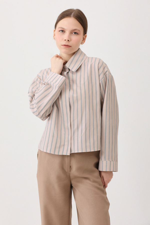 Çizgili Kısa Gömlek Pudra - 7